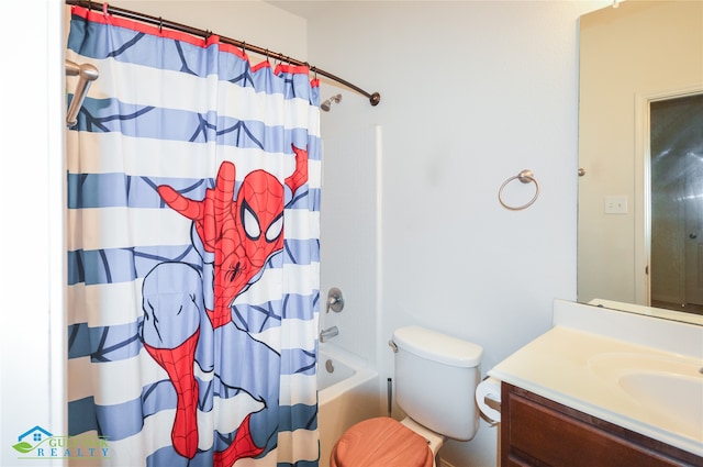 full bathroom featuring vanity, shower / tub combo, and toilet