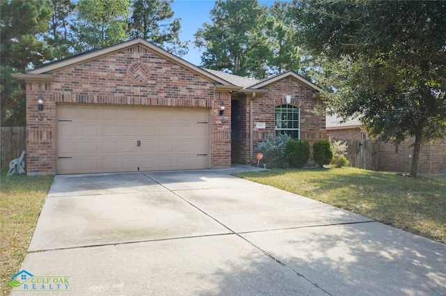 ranch-style house with a garage and a front yard