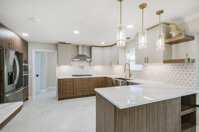 11418 Long Pine Dr, Houston, TX 77077 - kitchen featuring open shelves, appliances with stainless steel finishes, wall chimney exhaust hood, a peninsula, and tasteful backsplash