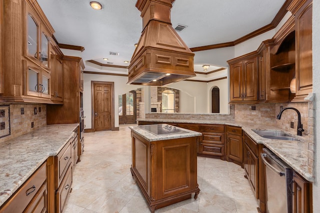 kitchen with tasteful backsplash, ornamental molding, stainless steel appliances, and sink