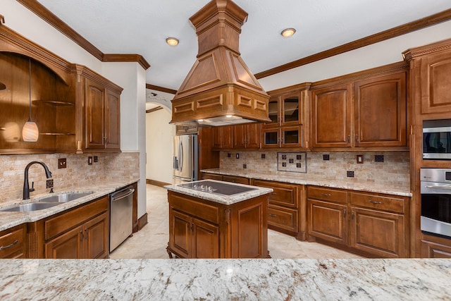 kitchen featuring sink, custom exhaust hood, tasteful backsplash, pendant lighting, and stainless steel appliances