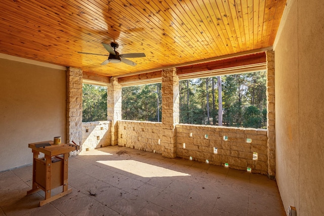 interior space with wood ceiling and ceiling fan