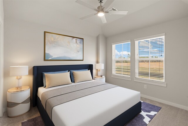 bedroom with ceiling fan and carpet