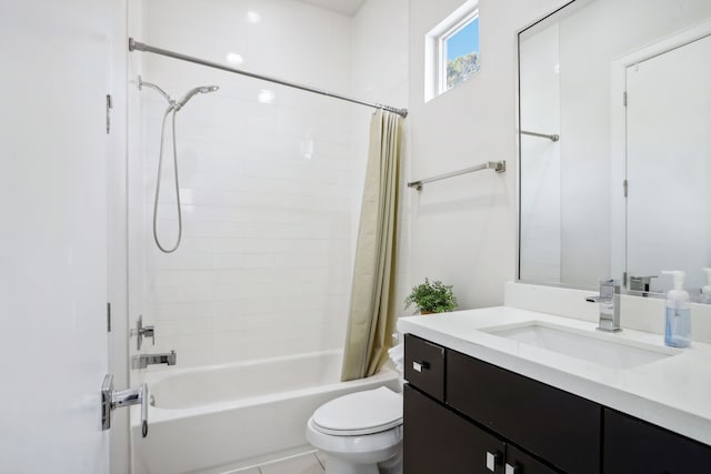 full bathroom with shower / bath combination with curtain, vanity, and toilet