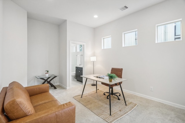 office space featuring light colored carpet