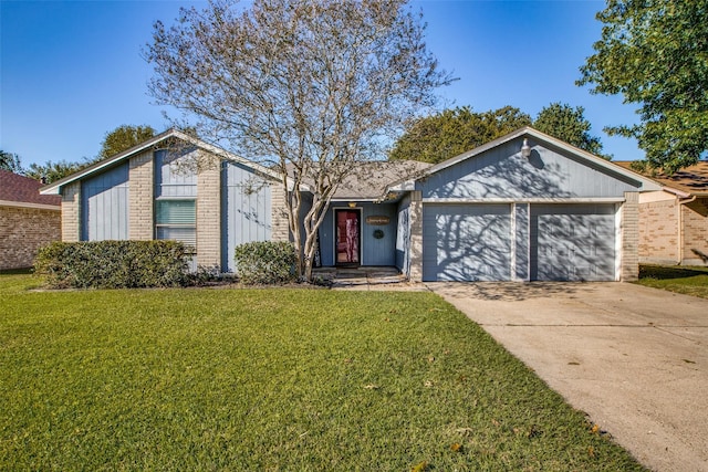 ranch-style house with a garage and a front lawn