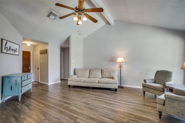 living room with high vaulted ceiling, a textured ceiling, beam ceiling, ceiling fan, and dark hardwood / wood-style floors