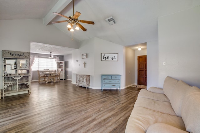 living room featuring high vaulted ceiling, beam ceiling, ceiling fan, and hardwood / wood-style flooring