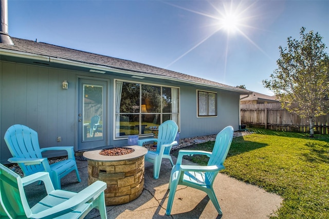 view of patio / terrace featuring an outdoor fire pit