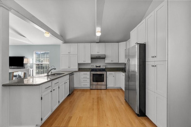kitchen with appliances with stainless steel finishes, a sink, light wood finished floors, white cabinetry, and under cabinet range hood