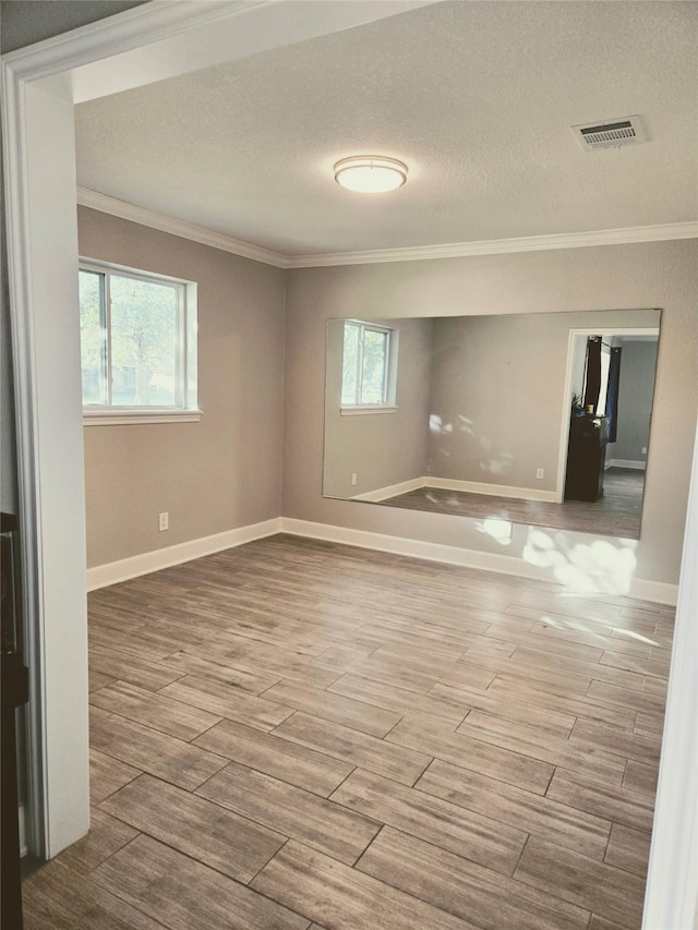 unfurnished room featuring ornamental molding and a textured ceiling