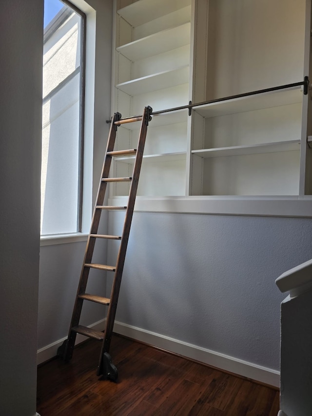 walk in closet with dark hardwood / wood-style flooring