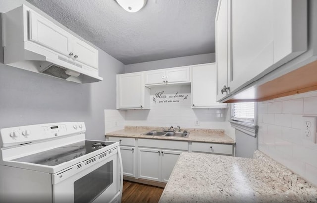 7019 Anderson St, Texas City, TX 77591 - kitchen featuring white cabinets, sink, a textured ceiling, dark hardwood / wood-style floors, and white electric stove