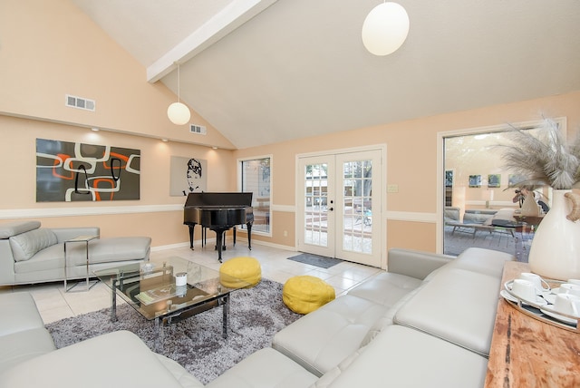 living room with high vaulted ceiling, light tile patterned floors, beamed ceiling, and french doors