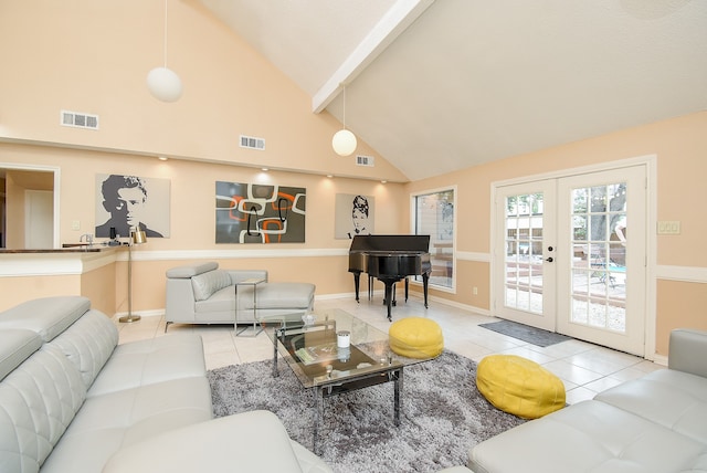 living room with beam ceiling, light tile patterned floors, french doors, and high vaulted ceiling