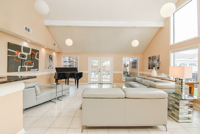 tiled living room featuring high vaulted ceiling, beam ceiling, and a healthy amount of sunlight