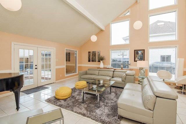 tiled living room with high vaulted ceiling, a wealth of natural light, beam ceiling, and french doors