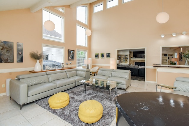 living room featuring high vaulted ceiling, beamed ceiling, light tile patterned floors, and built in features