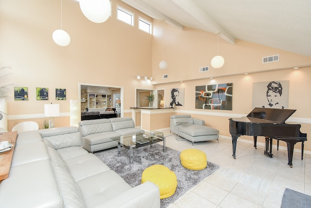 living room featuring tile patterned flooring, beamed ceiling, and high vaulted ceiling