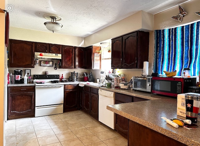 kitchen with a textured ceiling, white appliances, dark brown cabinets, and light tile patterned floors