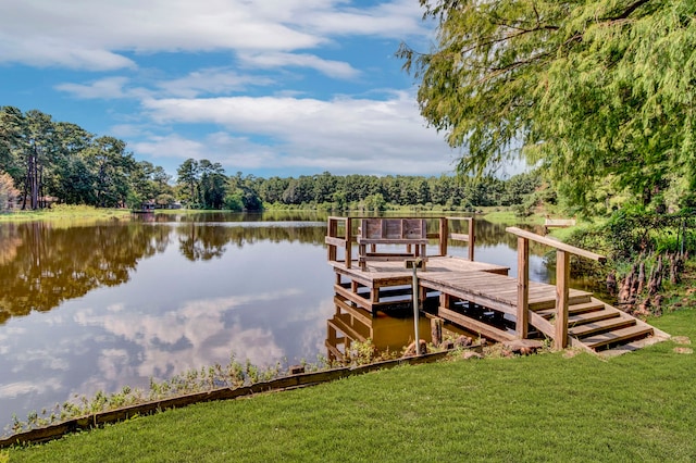 dock area featuring a water view and a yard