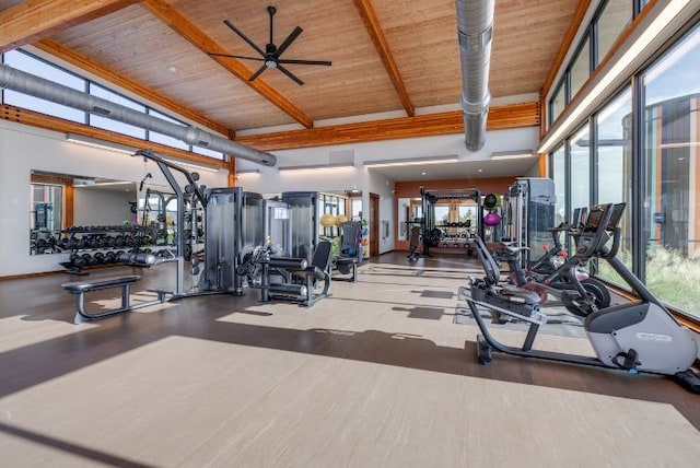 gym featuring ceiling fan and wooden ceiling