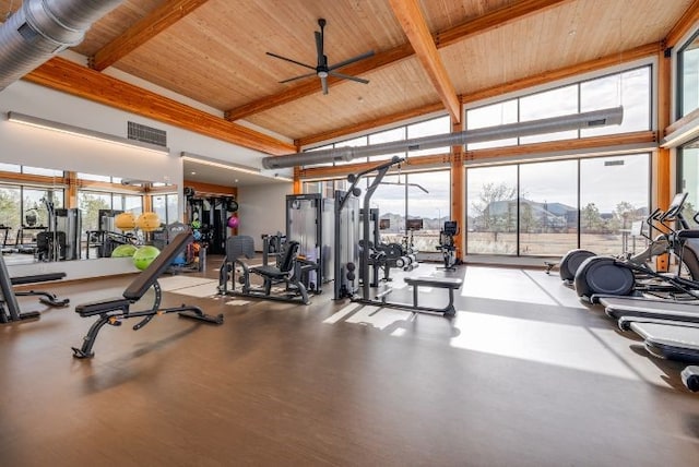 workout area with ceiling fan, wood-type flooring, wooden ceiling, and vaulted ceiling