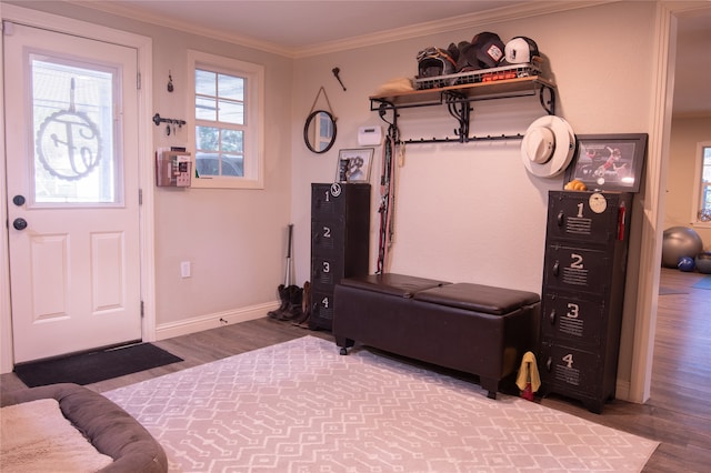 interior space with hardwood / wood-style flooring and crown molding