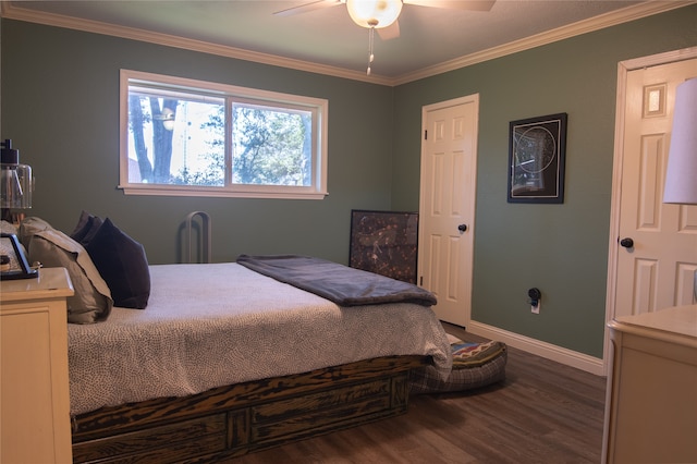 bedroom featuring wood-type flooring, ceiling fan, and crown molding