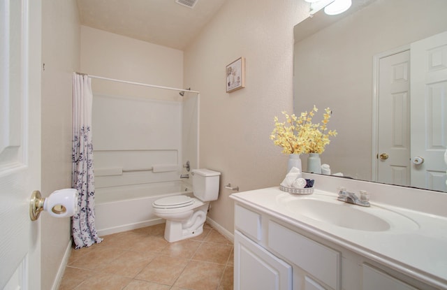 full bathroom with shower / tub combo, vanity, toilet, and tile patterned floors