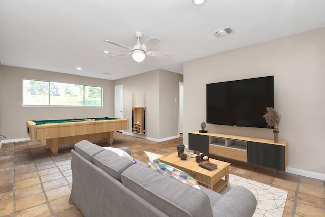 living room with pool table and ceiling fan