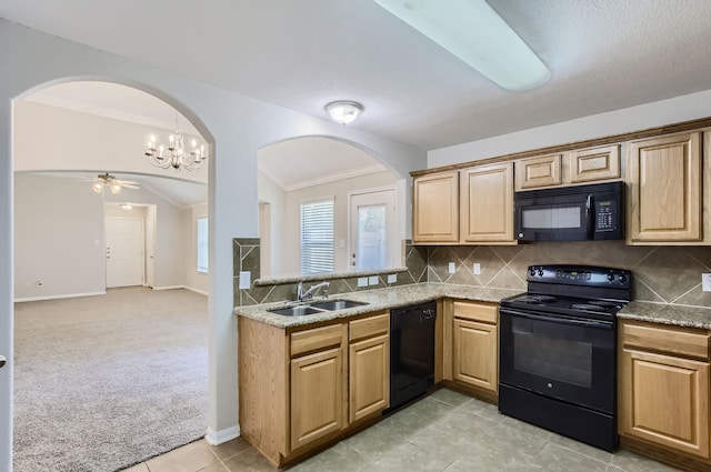 kitchen featuring sink, tasteful backsplash, black appliances, light carpet, and crown molding