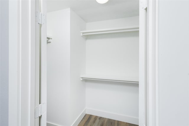 walk in closet with dark wood-type flooring