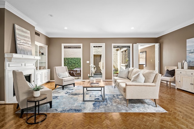 living room with crown molding and light parquet flooring