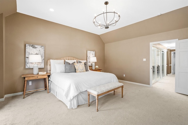 bedroom with light carpet, vaulted ceiling, and a chandelier