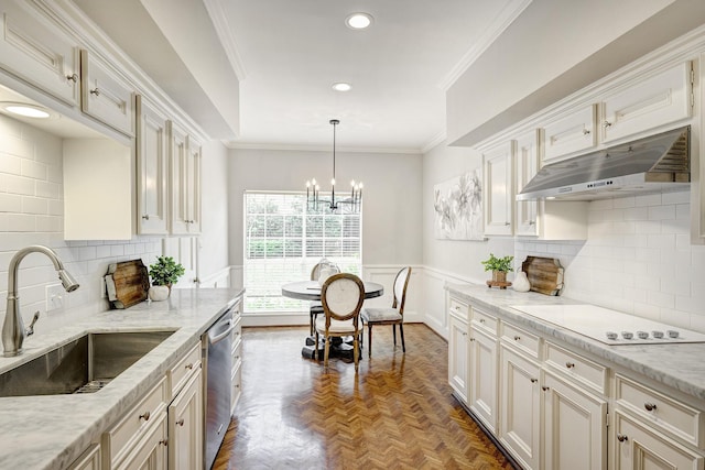 kitchen featuring pendant lighting, sink, dishwasher, dark parquet flooring, and electric stovetop