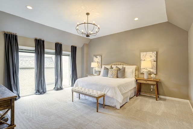 bedroom featuring lofted ceiling, access to exterior, light carpet, and an inviting chandelier