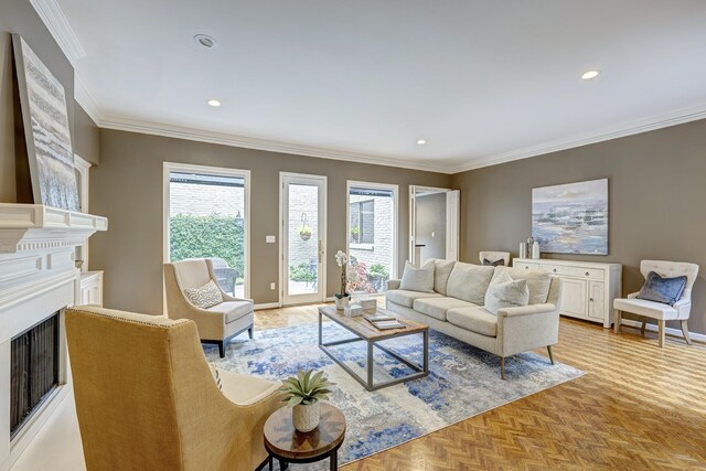 living room featuring ornamental molding and light parquet flooring