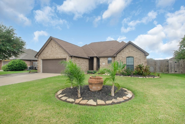 view of front of home featuring a front yard and a garage