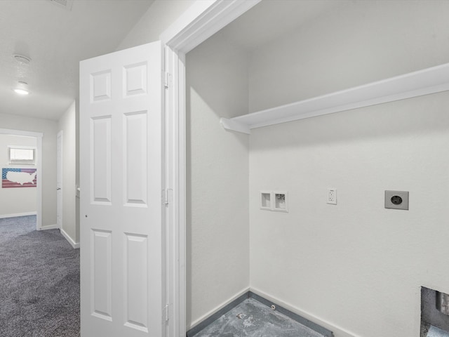 washroom with dark carpet, hookup for a washing machine, and electric dryer hookup