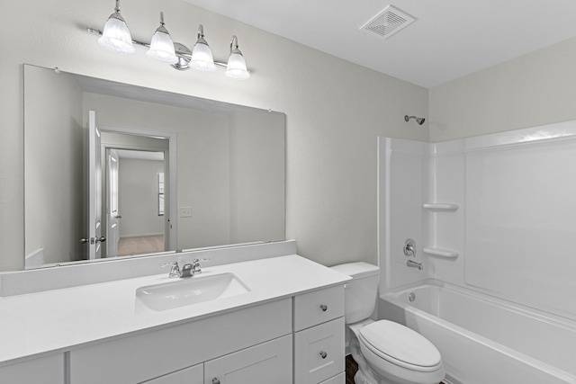 full bathroom with toilet, bathtub / shower combination, and vanity