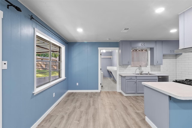 kitchen featuring kitchen peninsula, light wood-type flooring, backsplash, and sink