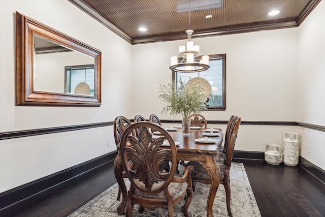 dining space with ornamental molding, wooden ceiling, a chandelier, and dark hardwood / wood-style floors