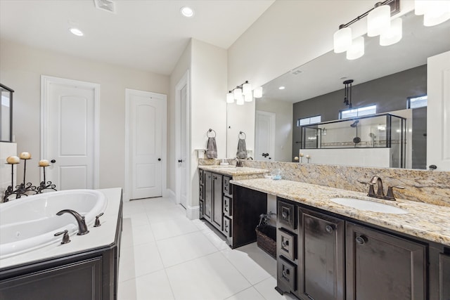 bathroom with vanity, plus walk in shower, and tile patterned floors