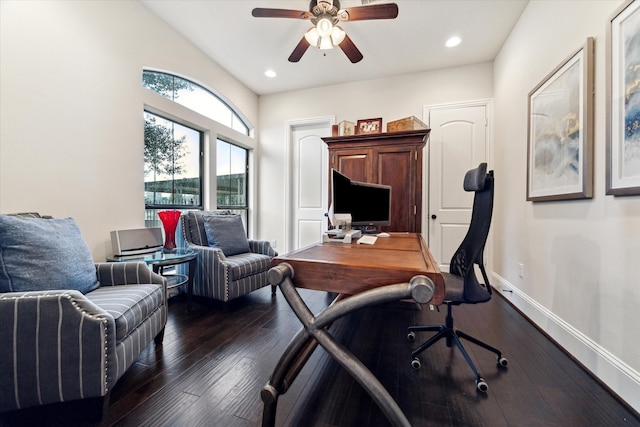 office area with ceiling fan and dark hardwood / wood-style flooring