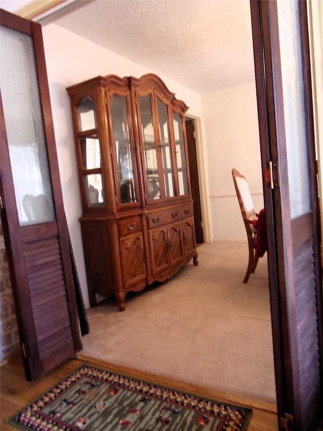 corridor featuring a textured ceiling and carpet flooring