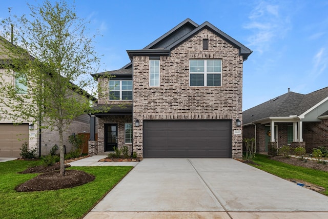 view of front of property with concrete driveway, an attached garage, and brick siding