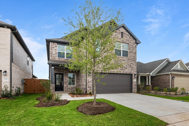 craftsman inspired home with brick siding, a garage, driveway, and a front yard