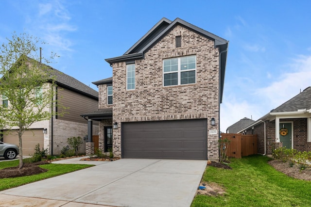 view of front of home with fence, a front lawn, concrete driveway, brick siding, and a garage