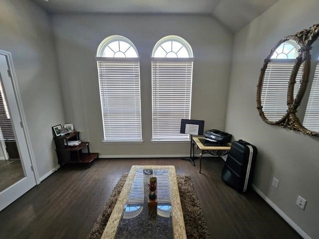 living area featuring dark hardwood / wood-style flooring and lofted ceiling